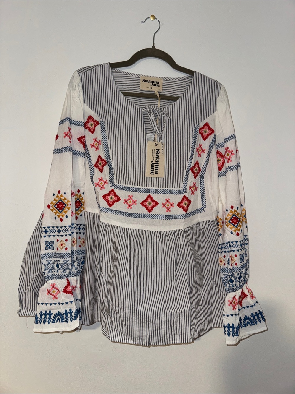 Savanna Jane Striped Embroidered Tunic, Size 1X New
